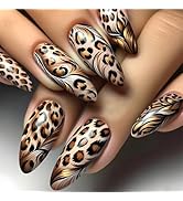 Medium Almond Press on Nails Leopard Print Fake Nails Leopard Pattern Full Cover False Nails Acry...