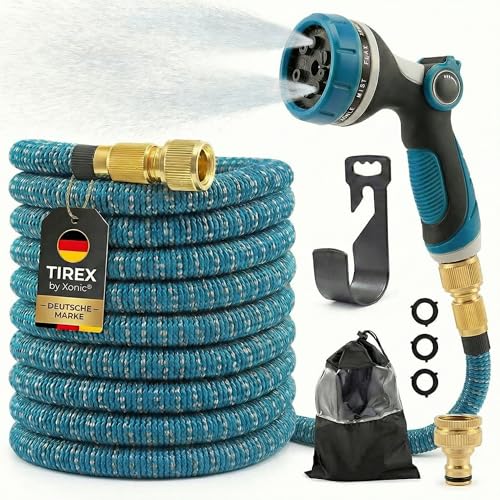 TIREX by xonic® Flexibler Gartenschlauch mit 10 verschiedenen Strahlarten – leichter Wasserschlauch flexibel mit 3-fach Latexkern – dehnbarer Flexschlauch/Gartenschlauch flexibel (Blau, 7,5m)