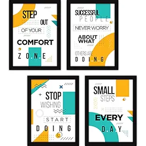 FATMUG Synthetic Motivational Frames For Office And Living Room - Modern Wall Art With Glass - Set Of 4, Multicolour