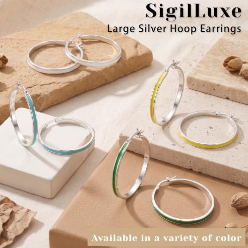 Large S925 Sterling Silver Hoop Earrings Hypoallergenic Thin Light Blue - 4