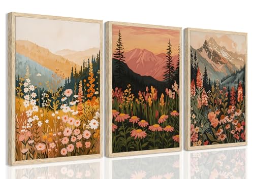 YUFEIART 3 Piece Vintage Wildflower Framed Wall Art Boho Floral