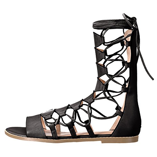 Ydn Women Sexy Ankle High Gladiator Sandals Lace Up Open Toe Flats Zips Shoes 14 (Black) #TOP1