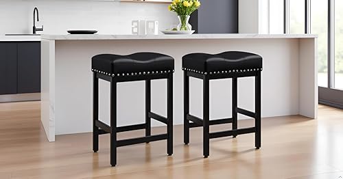 Miniatura 10 de OUllUO Juego de 2 taburetes de bar negros, taburetes de bar de altura de mostrador, taburetes de silla de montar de piel sintética con marco de
