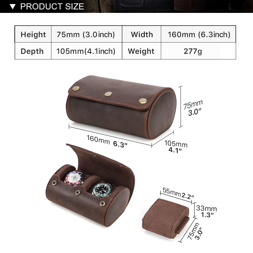 CONTACTS Boîte de voyage en cuir véritable pour montres, rouleau, boîte organisatrice pour 2 montres, manche portable protecteur pour affichage de montre, pour voyage vintage (Coffee-CF1137)