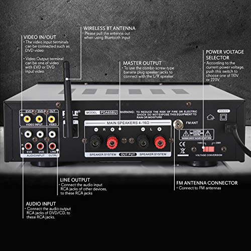 Pyle 200W Wireless Bluetooth Power Amplifier - Dual Channel Stereo Receiver with USB Flash Reader - SD Card - AUX - MIC IN w/ Echo - Radio - Home Theater - Studio Use - RCA Output - PDA65BU - Image 3