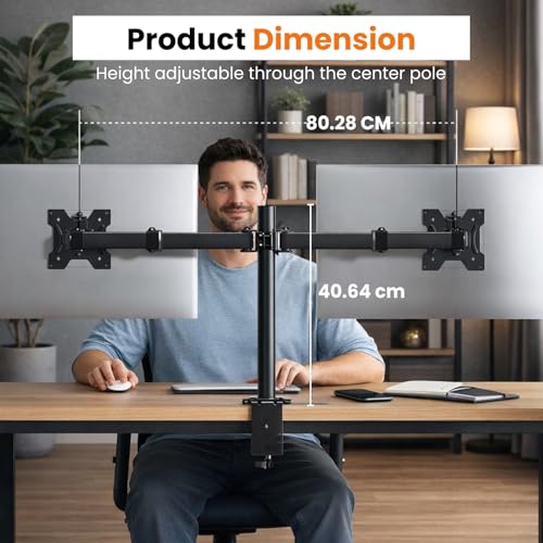 Image of Dyazo Dual Monitor Stand for Desk | Full Motion Adjustable Arms with Height Adjustment, Tilt & Swivel | Supports 13-32 Inch Screens | VESA 75 /100 Compatible with C-Clamp & Grommet Mount Base (Black)