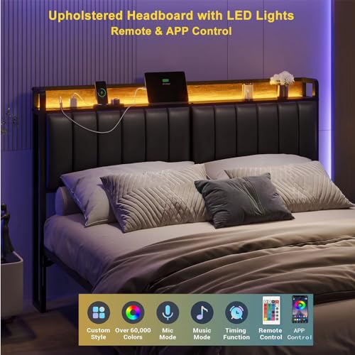 Image of King Size Upholstered Headboard with LED Lights & Charging Station, PU Upholstery, King Headboard Only, Height Adjustable, Attach Frame, Sturdy and Stable, Easy Assembly