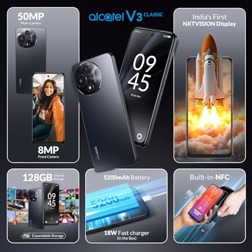 Image of Alcatel V3 Classic 5G (Cosmic Grey, 4GB+128GB) | India's 1st NXTVISION Display | 50MP AI Dual Camera | NFC, 2TB Expandable Memory | Gemini in-Built | MediaTek 6300 | with Charger