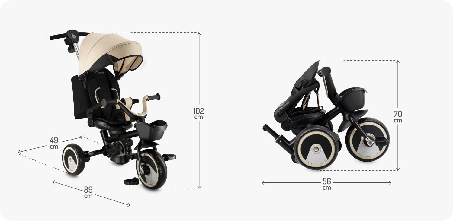 Triciclo per bambini MoMi IVI, seduta girevole 360°, cinture a 3 punti, poggiapiedi, tettuccio parasole, ruote EVA, manubrio regolabile, borsa e cestino portaoggetti
