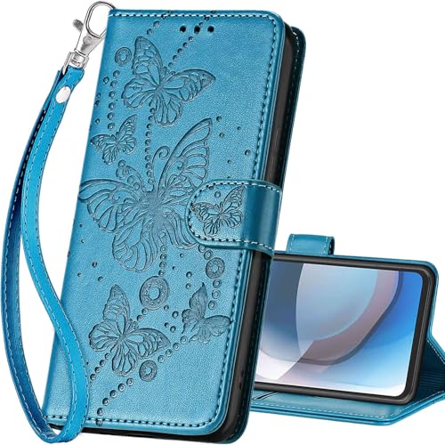 SASYMALY for Motorola One 5G Ace Wallet case, Flip Folio Cover with Stand Feature for Women Men, PU Leather Phone Case Fit for Motorola One 5G Ace/One 5G UW ace [Blue-Butterfly]