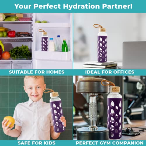 Image of The Better Home Borosilicate Glass Water Bottles 550ml, Pack of 2 with Silicone Sleeve & Bamboo Lid, Fridge Bottles for Home & Office, Purple