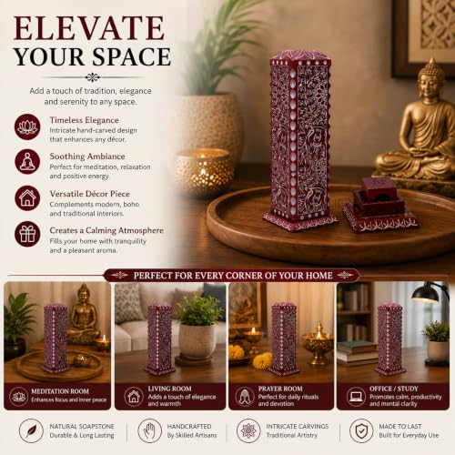 Image of Handmade Marble Soapstone Incense Stick Burner | Candle Stick Holder | Tea Light Burner - Flower and Elephant Carving Decorative (3 x 3 x 11 Inches)(Square, Red)