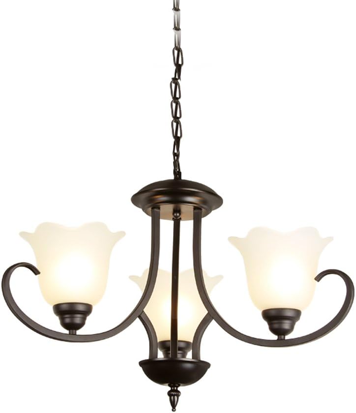 Yuyuan Light Classic American Iron Chandelier, Retro Simple Curved Glass Decorative Ceiling Lamp, 3 head Bedroom Restaurant Room Illuminated Chandelier, E27 Black, Not Included Light Bulb
