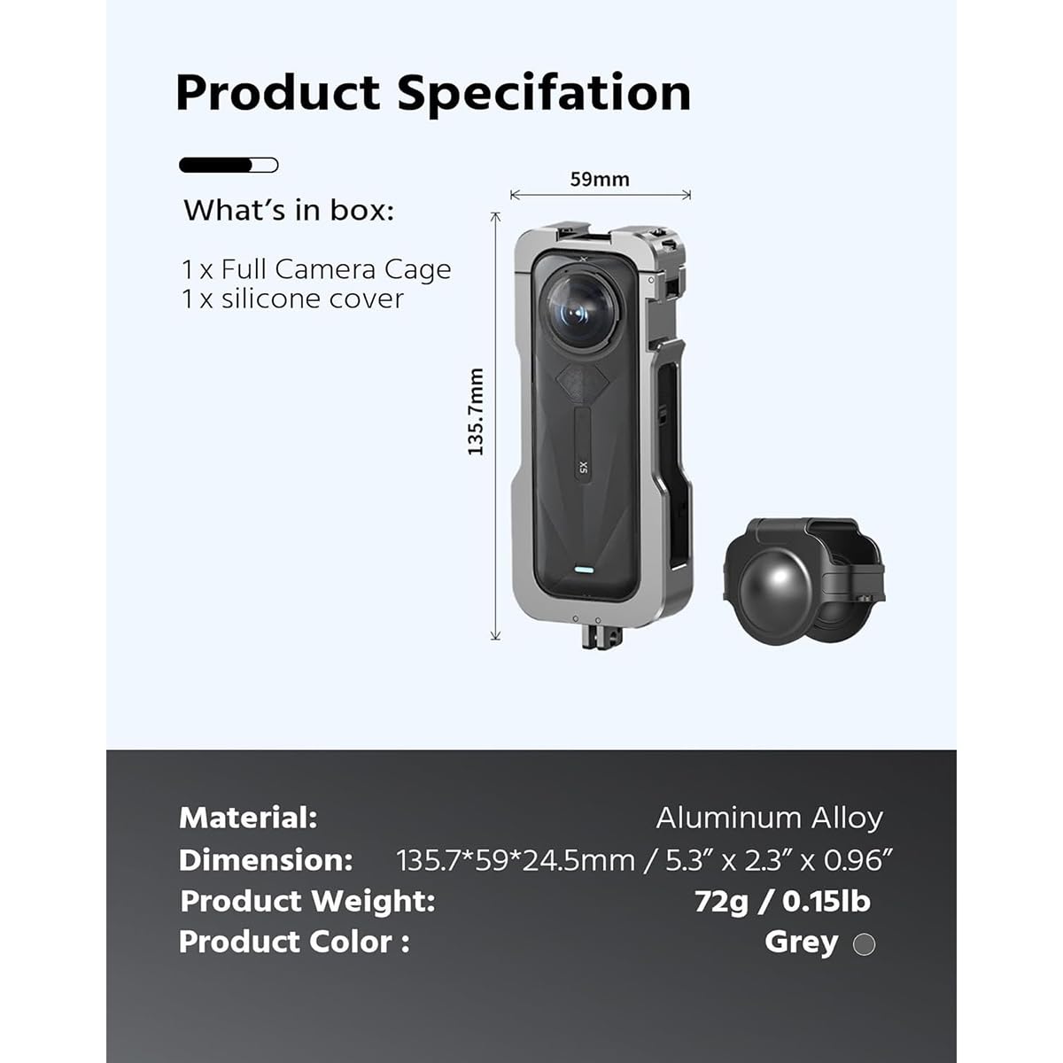 Tilta Jaula Insta360 X5, Jaula Completa para Cámara Compatible con Insta360 X5 con Roscas de 1/4”-20, Receptor de Zapata Fría - Gris Titanio TA-T90-FCC-TG