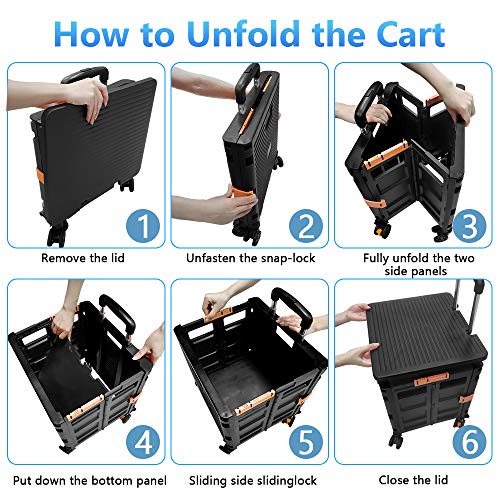 Image of Quick Utility Cart Folding Portable Rolling Crate Handcart with Durable Heavy Duty Plastic Telescoping Handle Collapsible 4 Rotate Wheels for Travel Shopping Moving Luggage Office Use (Black)