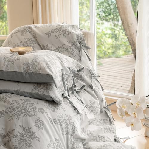 VM VOUGEMARKET Jacquard Floral Duvet Cover Queen Gray Bedding Set, Linen Cotton Yarn-Dyed Comforter Cover 90"x90" with 2 Pillowcases,Soft Breathable,Gray