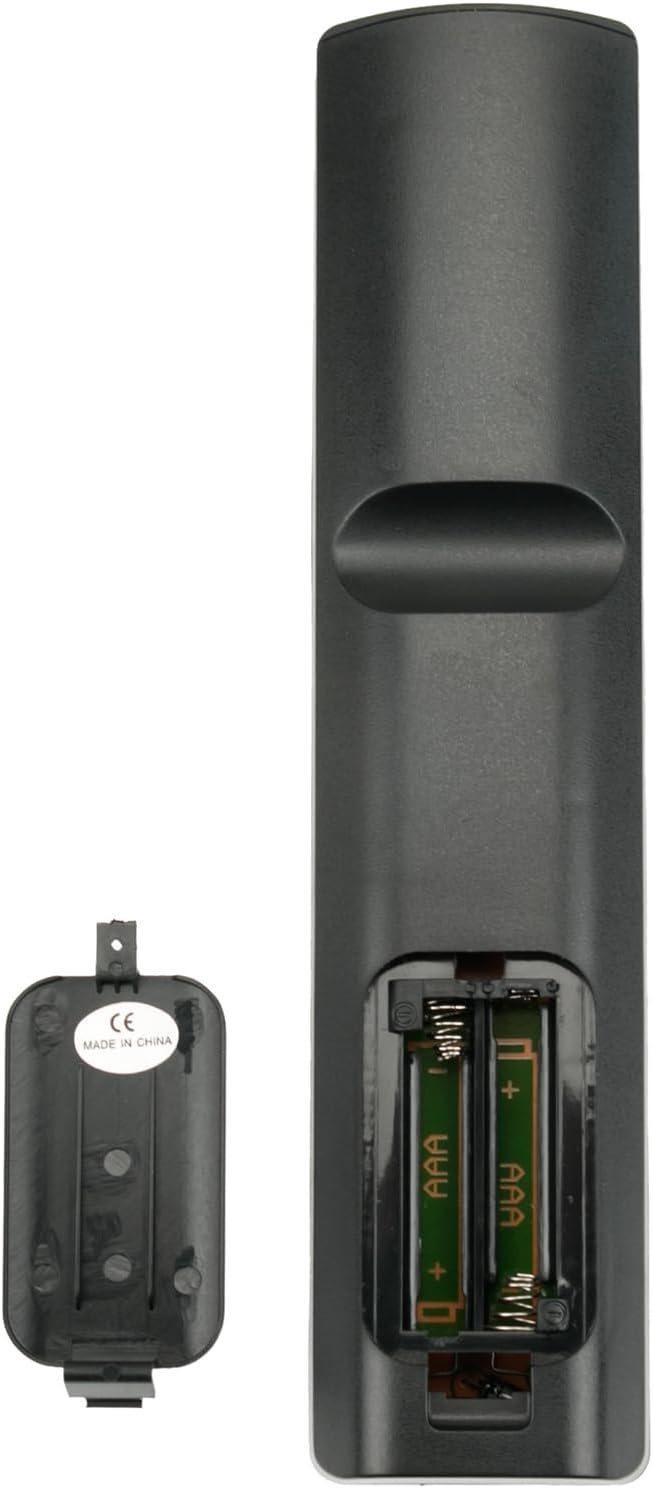 Rear view of ALLIMITY remote control with battery compartment open, showing AAA batteries
