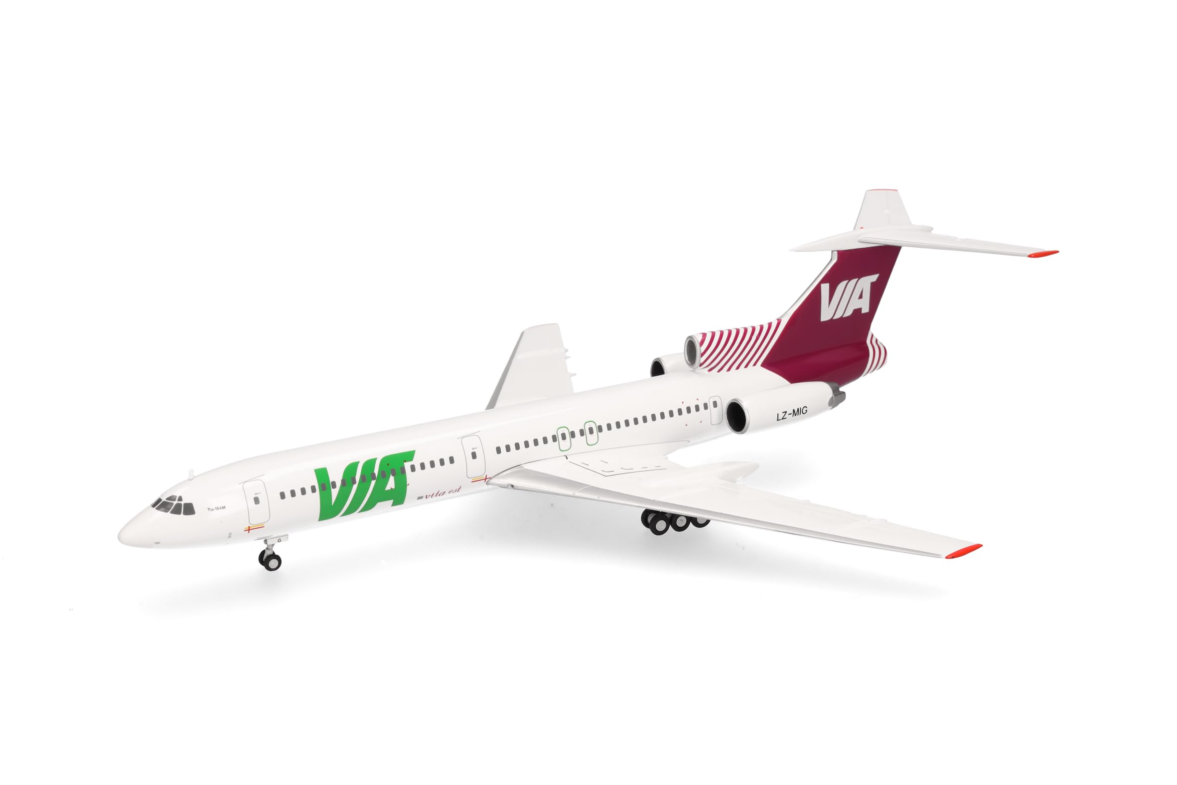 Herpa Model Samolotu Air Via Tupolev TU-154M, miniatura w skali 1:200, przedmiot kolekcjonerski, model bez podstawki, metal