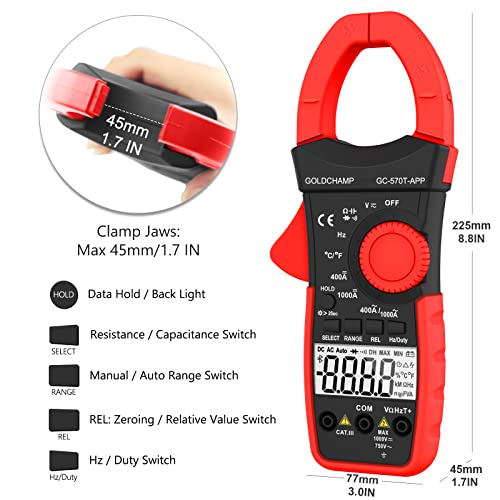 Digital Clamp Multimeter With Bluetooth Phone App, Capacitance Meter, Resistance, True Rms Ac Current, Voltage, Audible Continuity,Diode Test,Temperature, Ac/Dc Multimeter Gc-570T-App #TOP5