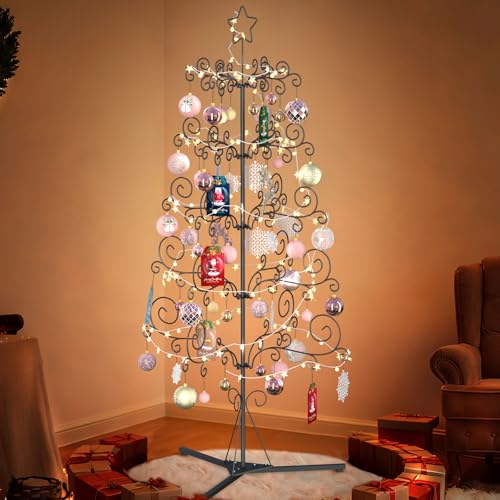 Metal Christmas Tree - 6.2ft Wrought Iron Christmas Tree Decorative Display Tree with 57 Balls & 32.8ft LED Lights for Home Office and Party Decor-Black