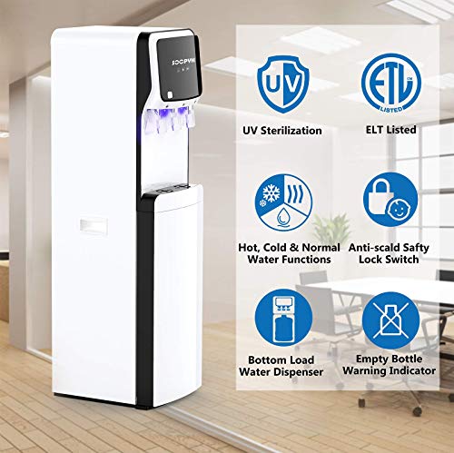SOOPYK Water Dispenser, Bottom Load Water Cooler with Self Cleaning for 3-5 Gallon Bottle, 3 Temperatures Setting, Durable Steel Frame, Child Safety Lock, Removable Drip Tray for Home Office