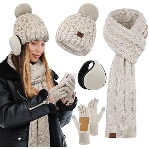 URATOT Women Winter Beanie Hat Scarf Gloves Ear Warmer 4 in 1 Set Beanie Pompom Hat Touchscreen Gloves Long Scarf Ear Warmer Oatmeal Cover