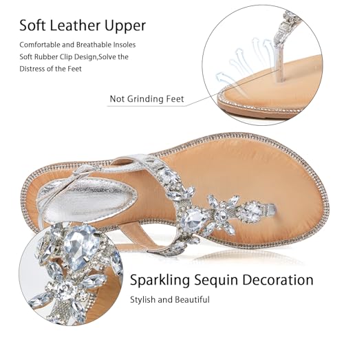 Image of iCKER Women Rhinestone Sandals T-Strap Buckle Bohemian Pearl Crystal Flat Sandals