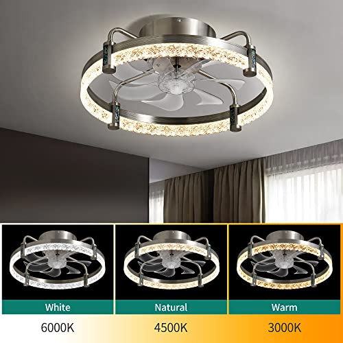 DWVO Ceiling Fan with Lights 20", Low Profile Flush Mount Ceiling Fan, Enclosed Bladeless Fan with Quiet Reversible DC Motor, 6 Speeds, for Bedroom,Living Room Kitchen, Indoor, Brushed Nickel