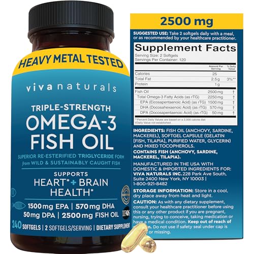 Viva Naturals Omega 3 Fish Oil Supplement for Women and Men - 2500 mg Triple Strength Fish Oil Pills with Re-Esterified Omega 3 Fatty Acids Including EPA, DHA DPA - 240 Pescatarian-Friendly Softgels