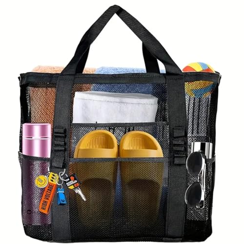 Bolsa de praia de malha extragrande, bolsa dobrável leve com vários bolsos para viagem à praia em família, piscina, viagem, preta