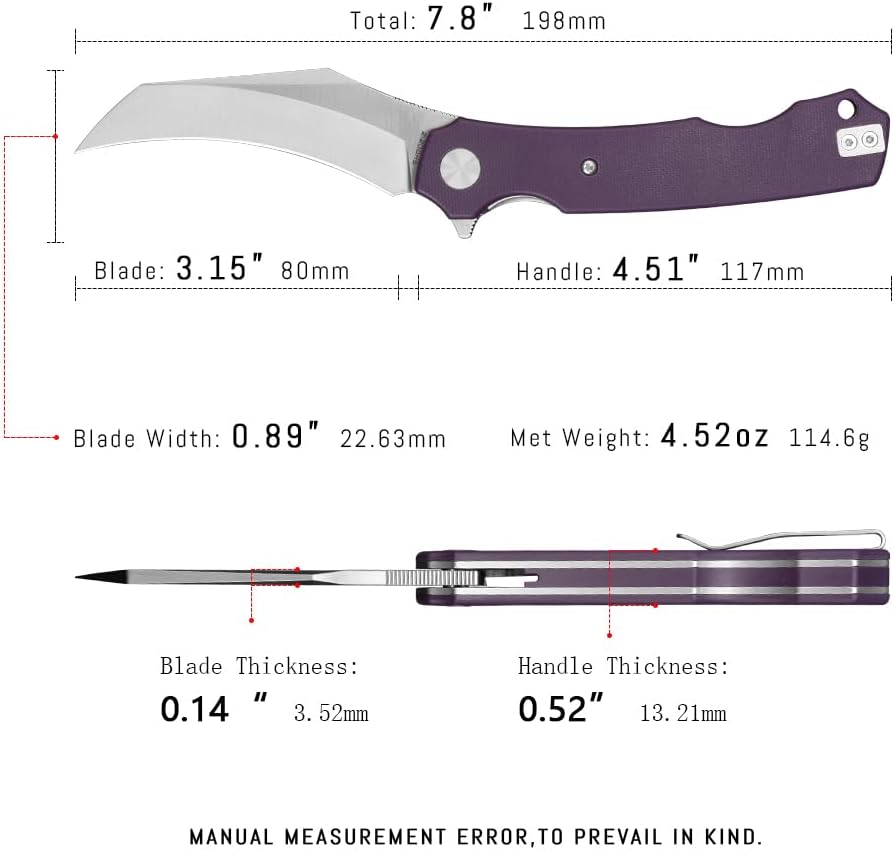 Folding Pikal Knives, EDC Pocket Knife for Men,3.15" 14C28N Steel Hawkbill Flipper Satin Blade For Outdoor Camping. HAN308-PGS