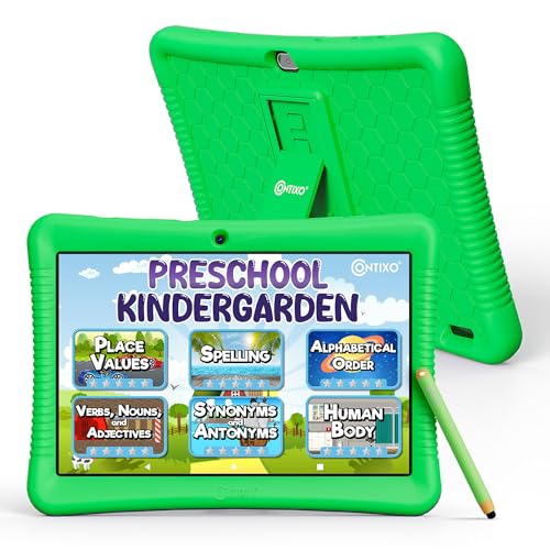 Image of Contixo K102 10 inch Kids Tablet Bundle - Wireless Kids Headphones, 32GB, Learning Educational Apps, Parental Controls, Dual Cameras, Shockproof Case with Kickstand & Stylus, Ages 3-7 - Green