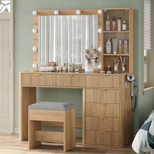 Yanosaku 47" Fluted Vanity Desk with Mirror & LED Lights, 7-Drawer Makeup Vanity with Glass Top & Cabinet, Vanity with Chair & Charging Station, 3 Lighting Modes, for Bedroom, Natural Oak