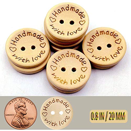 100pcs Handmade with Love Buttons Wood Wooden 2 Holes Buttons for Sewing DIY Crafts Project 20MM / 0.8 in