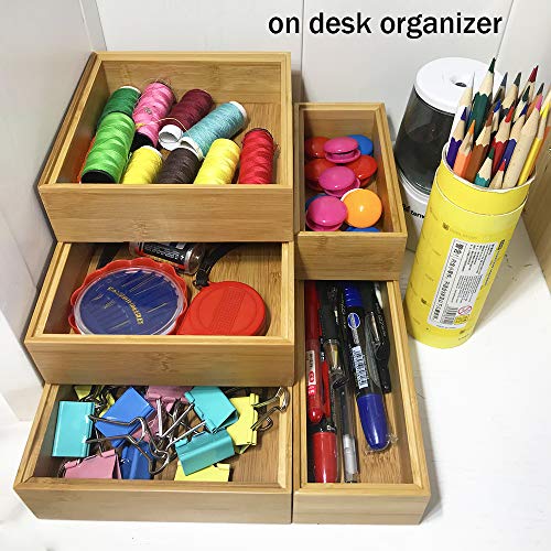 Simhoo Bamboo Stackable Drawer Organizer and Desk Storage Box/Tray for Office Supplies,Junk,Crafts,Sewing Small Daily Use Articles 5 Boxes adjustable Organization(1sets)