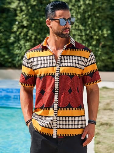 Runcati Mens Short Sleeve Shirts Button Down African Traditional Pattern Dashiki Shirt Casual Vintage Floral Hippie Tops2