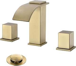 Luxury Waterfall Bathroom Vanity Sink Faucet 2 Handle 3 Hole Widespread Deck Mount, Brass Brushed Gold/Champagne Gold (Brushed Gold/Champagne Gold, Waterfall Spout)