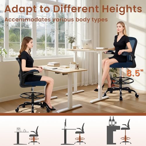 Image of AreShark Drafting Office Chair - Ergonomic Tall Office Chair with Adjustable Footrest Ring - Counter Height Adjustable Rolling Standing Desk Chair with Lumbar Support and Flip-up Armrests for Home