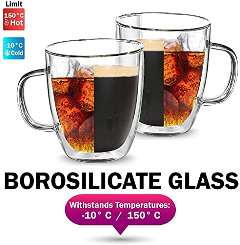 [12 Oz, 2-Pack] Large Clear Glass Coffee Mugs - Double Wall Insulated Glass Tea Cups With Handle - Perfect For Large Espresso Latte Cappuccino - Heat Resistant , Dishwasher And Microwave Safe #TOP4