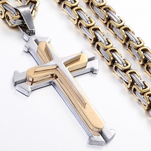 Trendsmax Mens Cross Pendant Necklace Stainless Steel Gold Silver Byzantine Chain 22-30inch3
