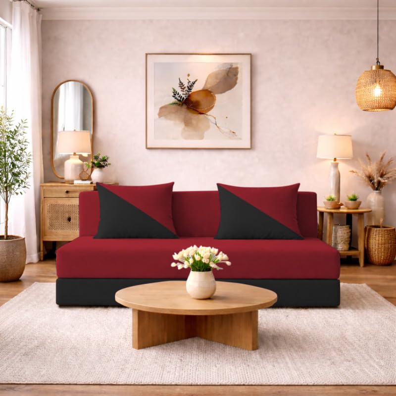 Image of Adorn India Easy Desmond 3 Seater Sofa Cum Bed 5 x 6 (Red & Black) (1 Year Warranty)
