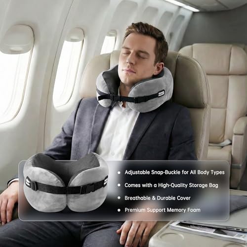 Image of Neck Pillow Travel Pillow - 100% Pure Memory Foam Airplane Pillow with Adjustable Clasp & Removable Cover, Portable Travel Essentials for Long Flights, Car & Office (Light Gray)