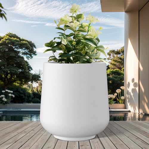 Image of Kante White Concrete Planter 16.5 inch Dia All-Weather Round Large Pot | Handcrafted Cement Curved, Anti-Frost & UV Outdoors, Plug for Indoor, Lightweight & Durable, Modern Home, Garden, Porch