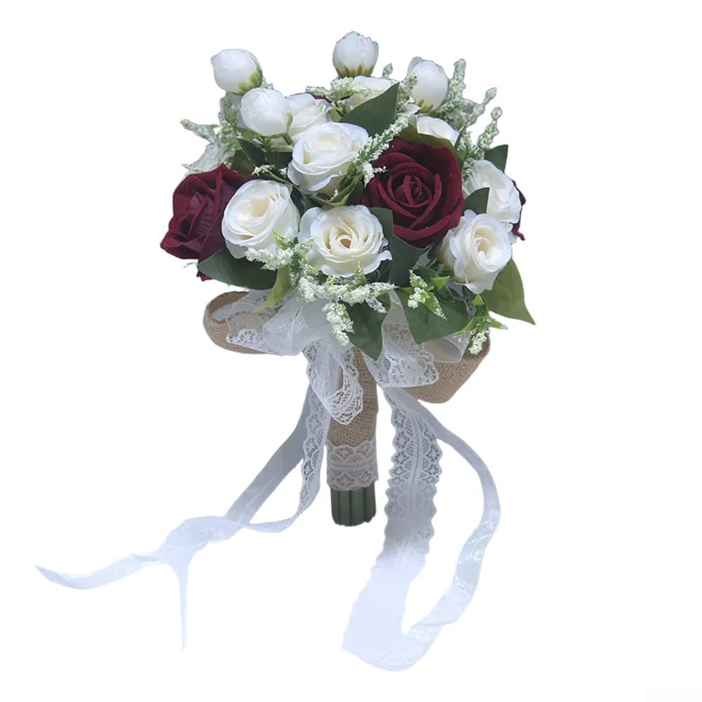 Roses artificielles rouge vin et dentelle pour bouquet de mariage champêtre