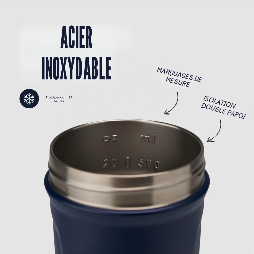 BlenderBottle Strada Bouteille d'eau isotherme en acier inoxydable avec fouet métallique, 710 ml, bleu marine