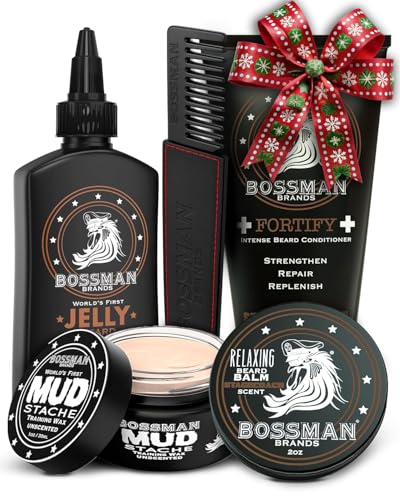 Bossman Complete Beard Kit – Men's Beard Oil Jelly, Fortifying Shower Conditioner, Balm, Mustache Wax & Comb – Beard Softener & Grooming Care – Men Gift Set (Stagecoach Scented)