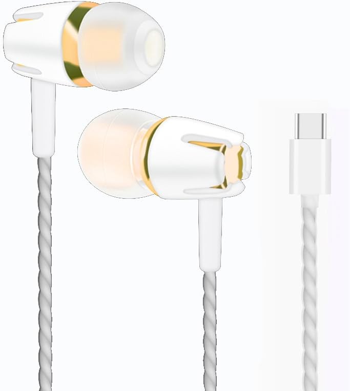 Type-C Plastic Earphone,Type-C Earbud Headphone Headse with Microphone Wired in-Ear Extra Bass Noise Cancelling Earphones for Huawei Samsung One-Plus (Gold)