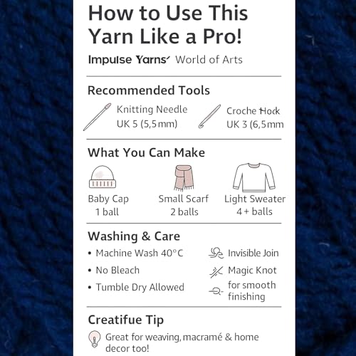 Image of WOAFashions Impulse Hand Knitting & Crochet Yarn, Premium Acrylic, 4 : Medium (Uniform Navy) (100gms / 3.5oz / 200mtr / 218yds)