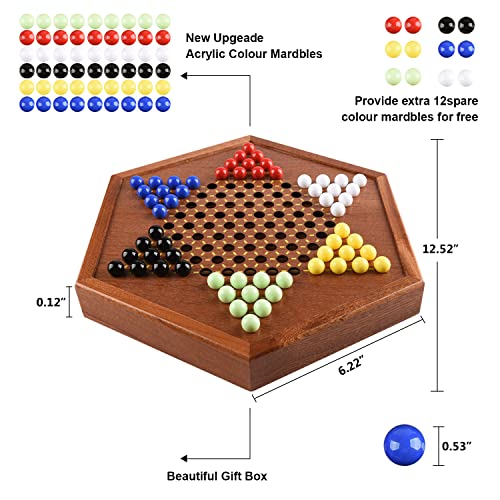 12.7 Inches Wooden Chinese Checkers With Drawers 12 Bonus Spare Marbles| Natural Wooden Board Game| Includes 60 Colorful Glass Marbles | Family Board Game For Kids And Adults #TOP4