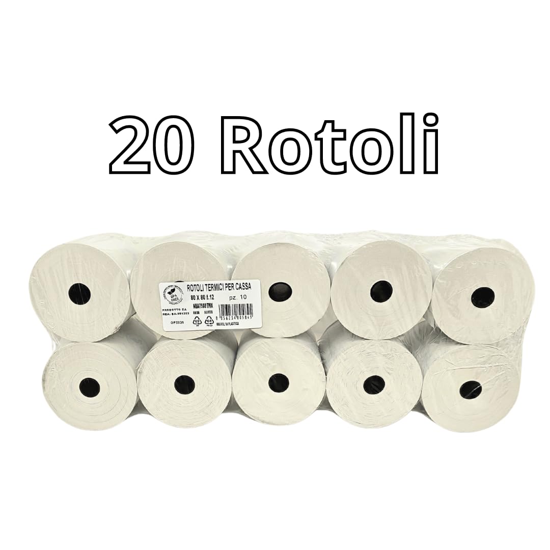 Carta Termica 80x80x12mm 20 Rotoli BPA Free Omologati per Stampante Fiscale POS Epson